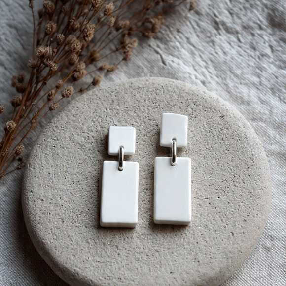 White Two-Tier Rectangle Dangle Studs - Handmade Earrings - Picture 2 of 3